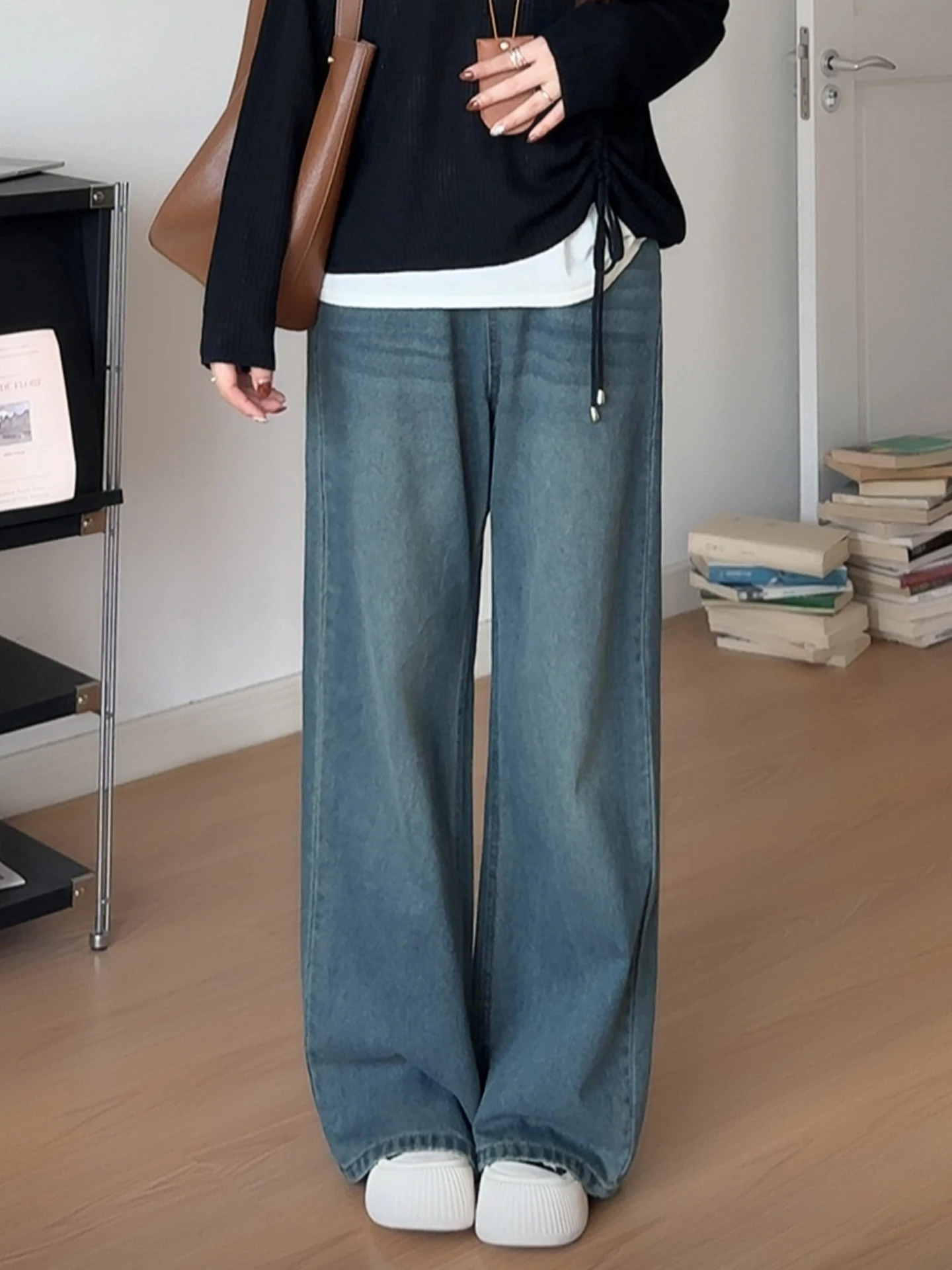 

Прямые джинсы с высокой талией, большие размеры, широкие брюки Pear Ape, повседневные удобные хлопковые брюки для женщин больших размеров