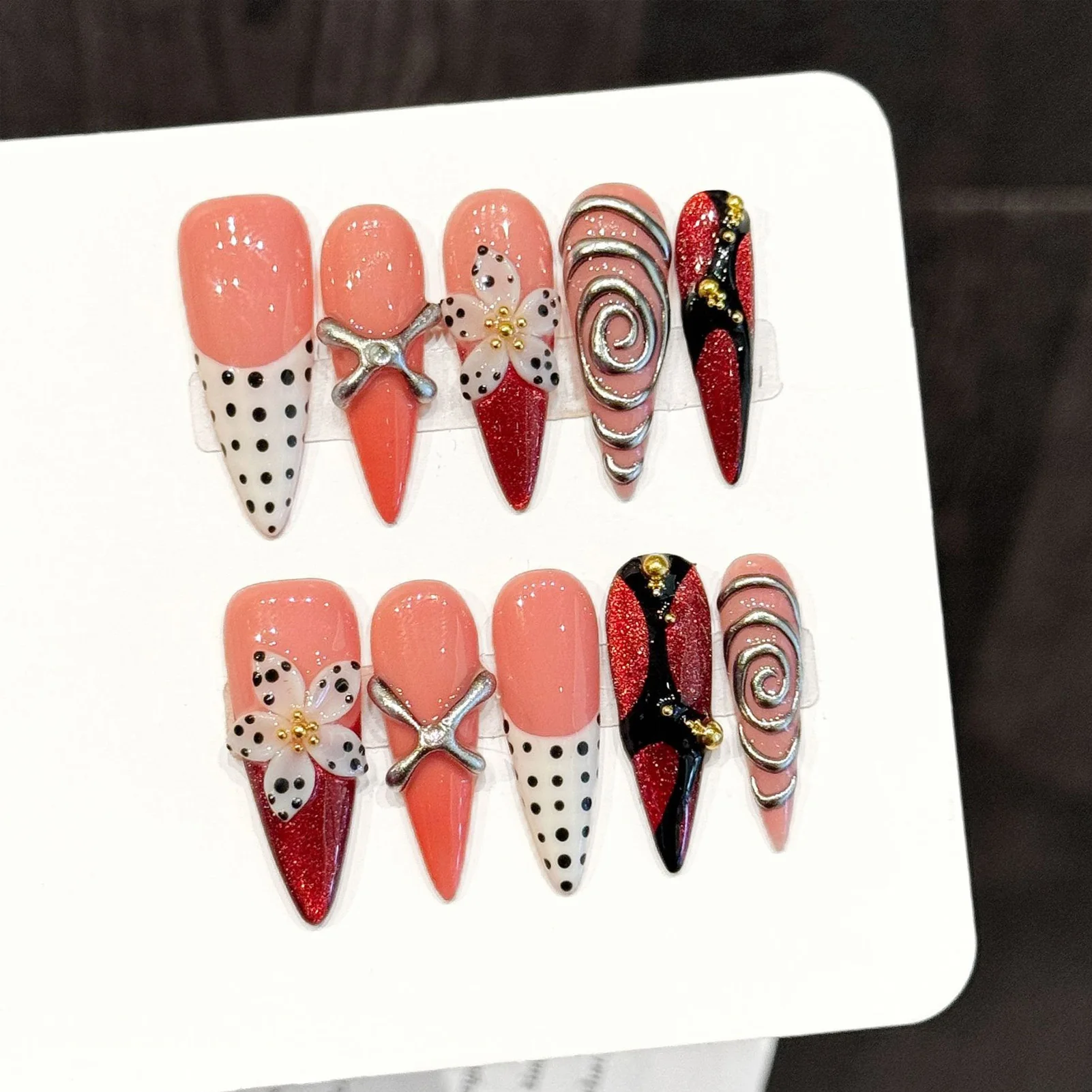 

10pcs Handmade Pink Long Pointed False Nails 3D Wave Point Flower French Metal Stripes Press On Nail Y2k Punk Style Fake Nail