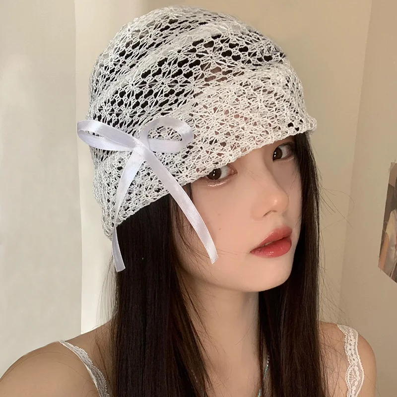 Hollow Bow Beanie Hats Winter Summer Girls Shining Exquisite Elegant Caps Solid Color Comfortable Lace Hat Fashion Accessories