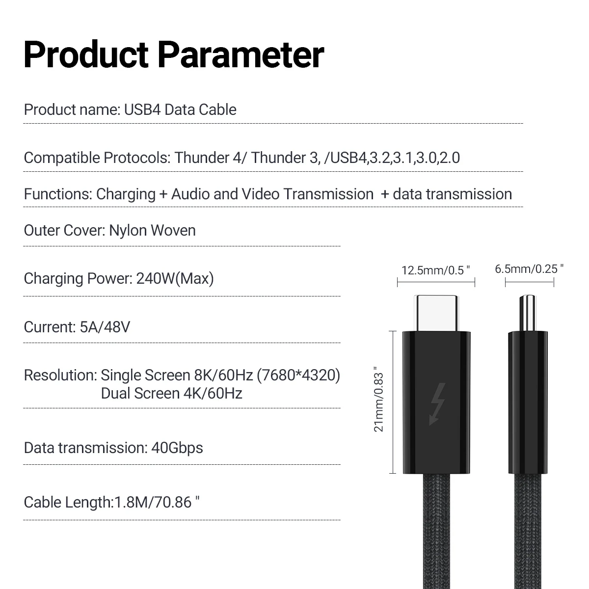 TypeC To TypeC PD240W Fast Charging 40Gbps Transmission Cable 8K@60Hz HDTV Nylon Woven Cable For Laptop/phone/Ipad/Macbook Pro