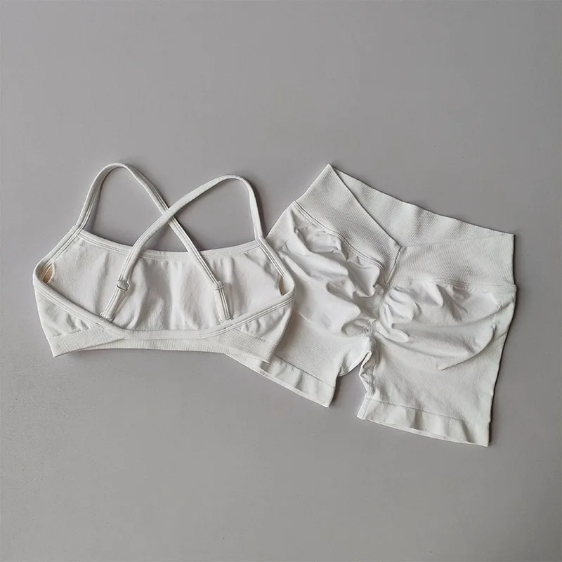 Sexy Neckholder-Sport-BH mit schönem Rücken, hoher Taille, pfirsichfarben, Shorts-Anzug, Pilates, Yoga-Weste, Trainings-Fitness-BH-Set – Detail 16