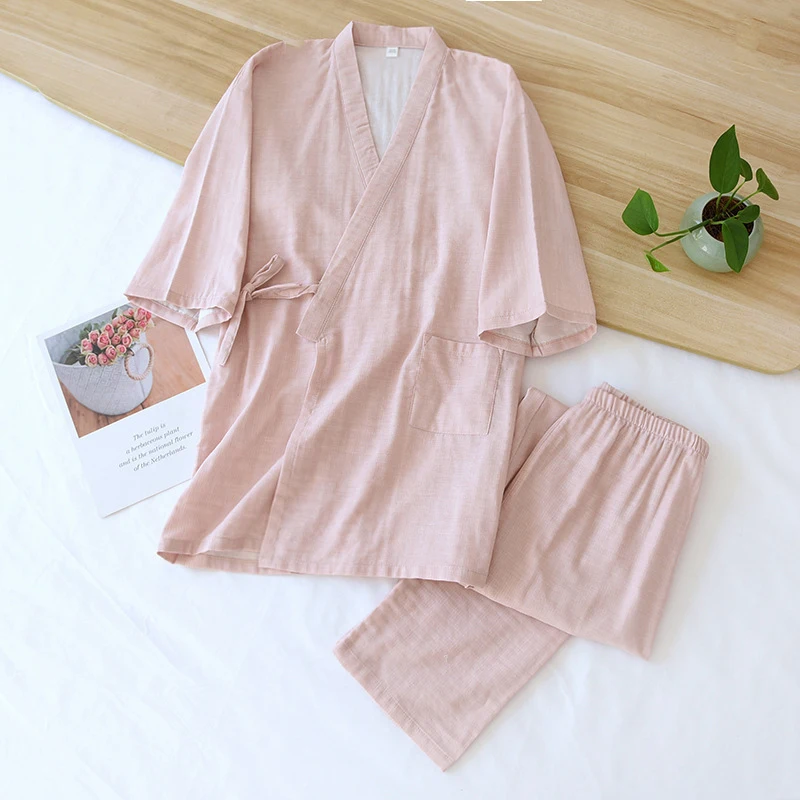 

Women's 2-Piece Pajama Set, Japanese Kimono Jacquard, 3/4 Sleeve Cotton Gauze, Breathable Loose Spring Summer Loungewear