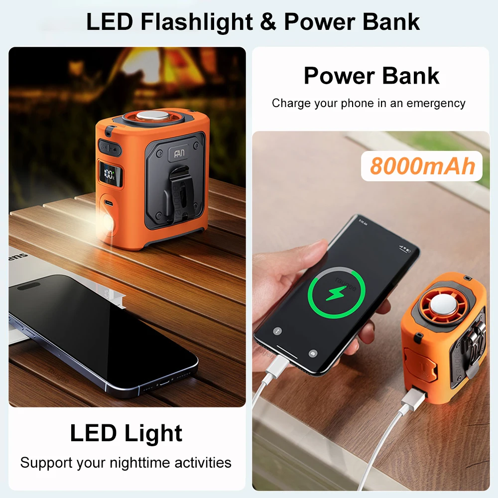 Portable Cooling Waist Fan Mini USB Neck Fan 8000mAh Outdoor Camping Fan Rechargeable Waist Clip Fan with Power Bank LED Light image 4