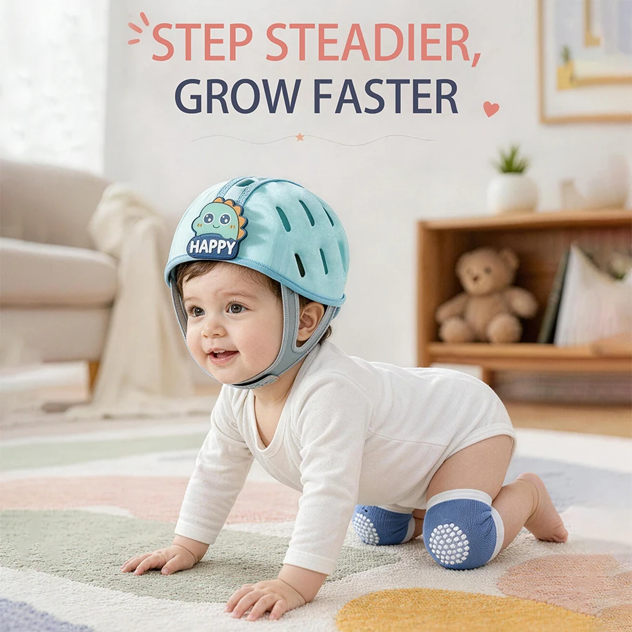 2-teiliges Set, 1 Set Baby-Anti-Fall-Hüte + Knieschoner, Baby-Lauf- und Krabbelset, Cartoon-Tier-Design mit rutschfesten Knieschonern, Anti-Kollisions-Schutzset für Kleinkinder, geeignet zum Krabbeln, Laufen und Spiele – Detail 4