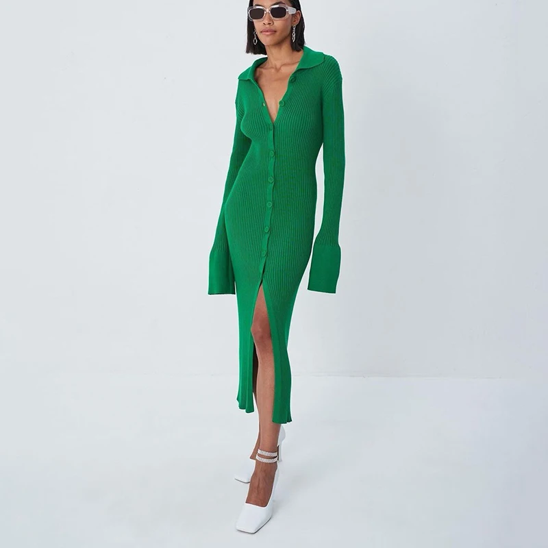 Flare Sleeve Knitted Dress Women Y2K Autumn Winter Sexy Slim Green Midi Dress American Single Breasted Streetwear Club Vestidos