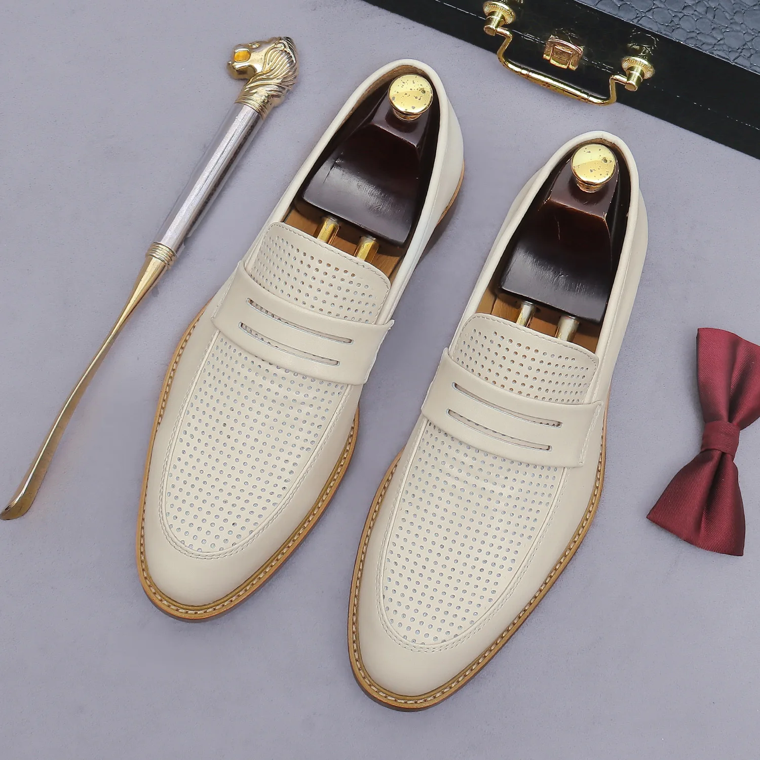 Men's Loafers Genuine Leather Perforated Slip On Shoes Classic Penny Loafer Breathable Dress Shoes Luxury Social Casual Men Shoe