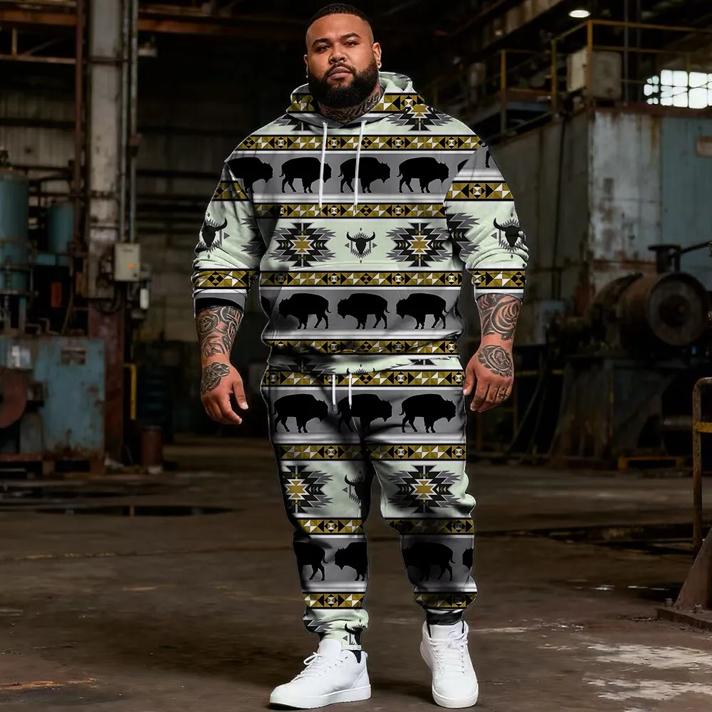 

S-9xl plus size Men's Hoodie Set with Ethnic Elements - 2-Piece Casual Outfit, Soft Warm Fabric, Vibrant Ethnic Prints,