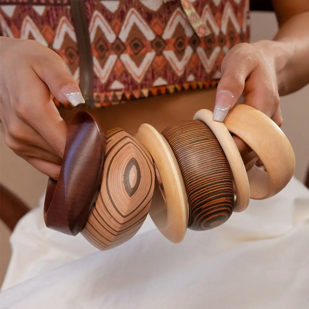 

Bohemian Wood Wide Bangle Minority Design Round Strip Pattern Bracelet Jewelry Accessories Geometric Retro Hand Ring Gift