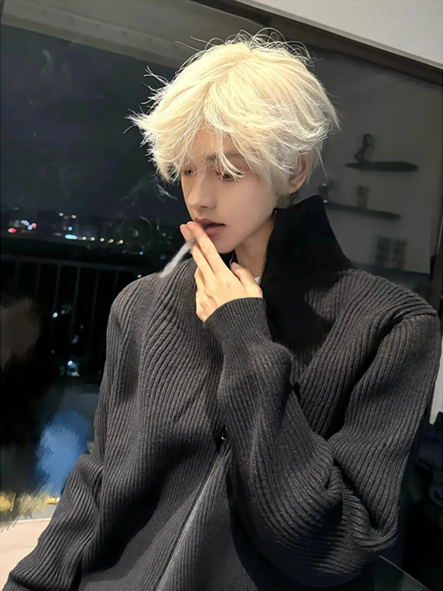 

Bla Loose Knitted Cardigan Sweater Men's Faion Winter Casual f High Collar Lazy Sle Haome Outerwear Knitwear