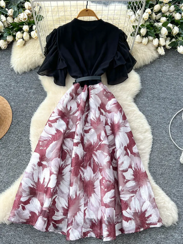 High-End Women's Summer Dr 2025 Belted Waist Print Splice Flounce Sve A-Line Skirt Korean Sle Commute ort Sve