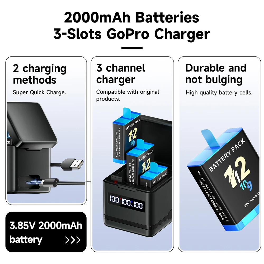Bateria 2000mAh do kamery Gopro Hero 9 10 11 12 z wyświetlaczem LCD i 3-gniazdową szybką ładowarką do kamer sportowych GoPro Hero12 11 — zdjęcie produktu 3