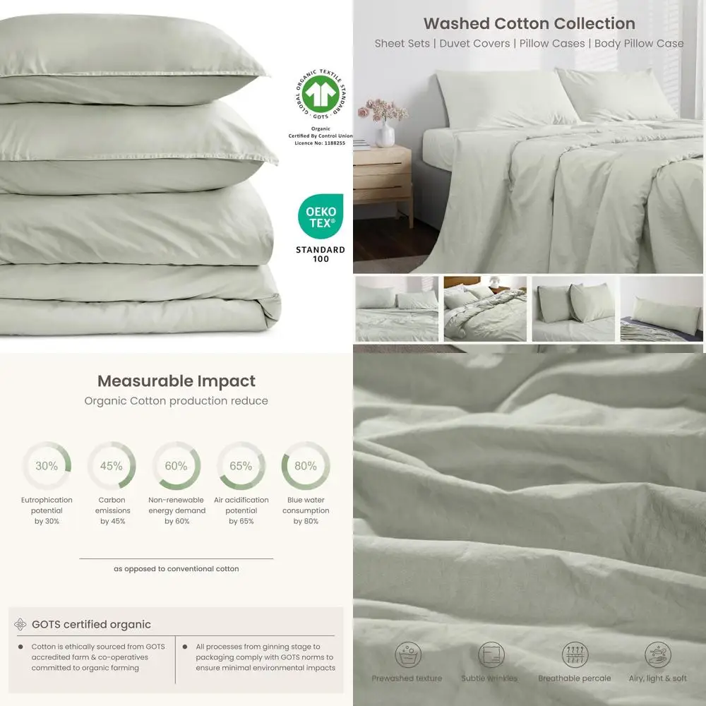 

Комплект пододеяльников King Size из органического хлопка в перкале с 2 шамами — Sage, сертифицированный GOTS, 106x92