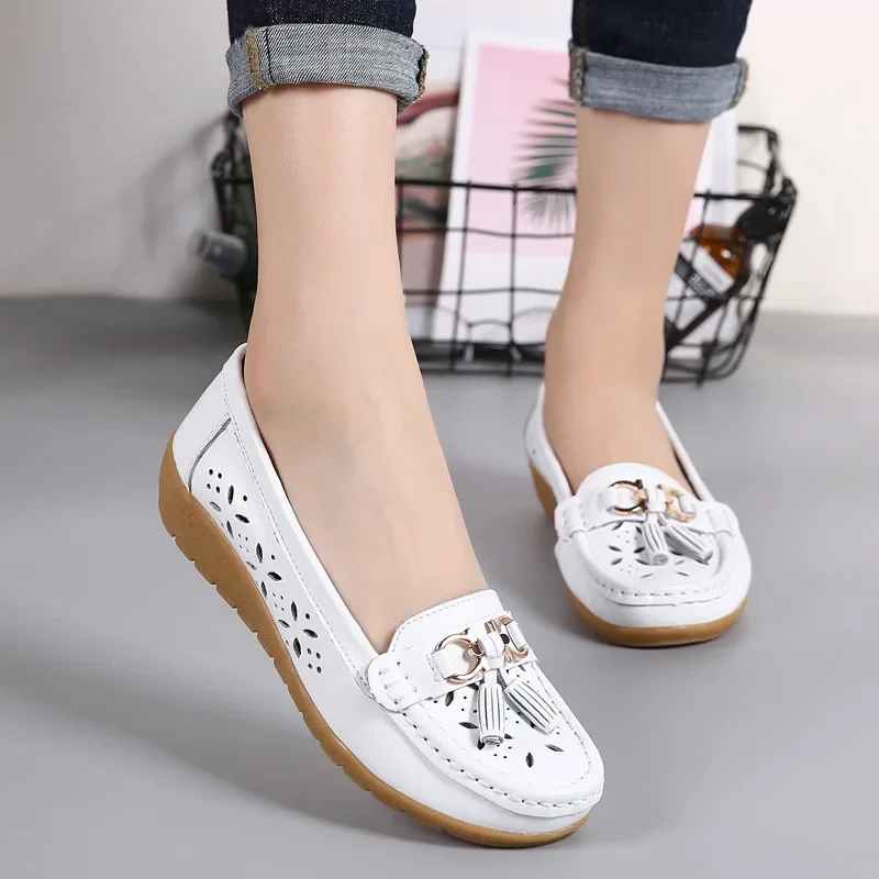 Women Flats Summer Women Genuine Leather Shoes With Low Heels Slip On Casual Flat Shoes Women Loafers Soft Nurse Ballerina Shoes