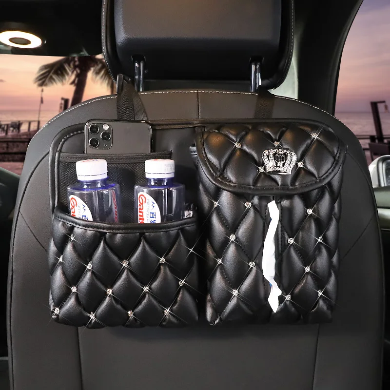 

High Quality Rhinestone Puff Leather Car Storage Bag Multifunction Crown Auto Interior Seat Back Organizer Tissue Holder Pocket