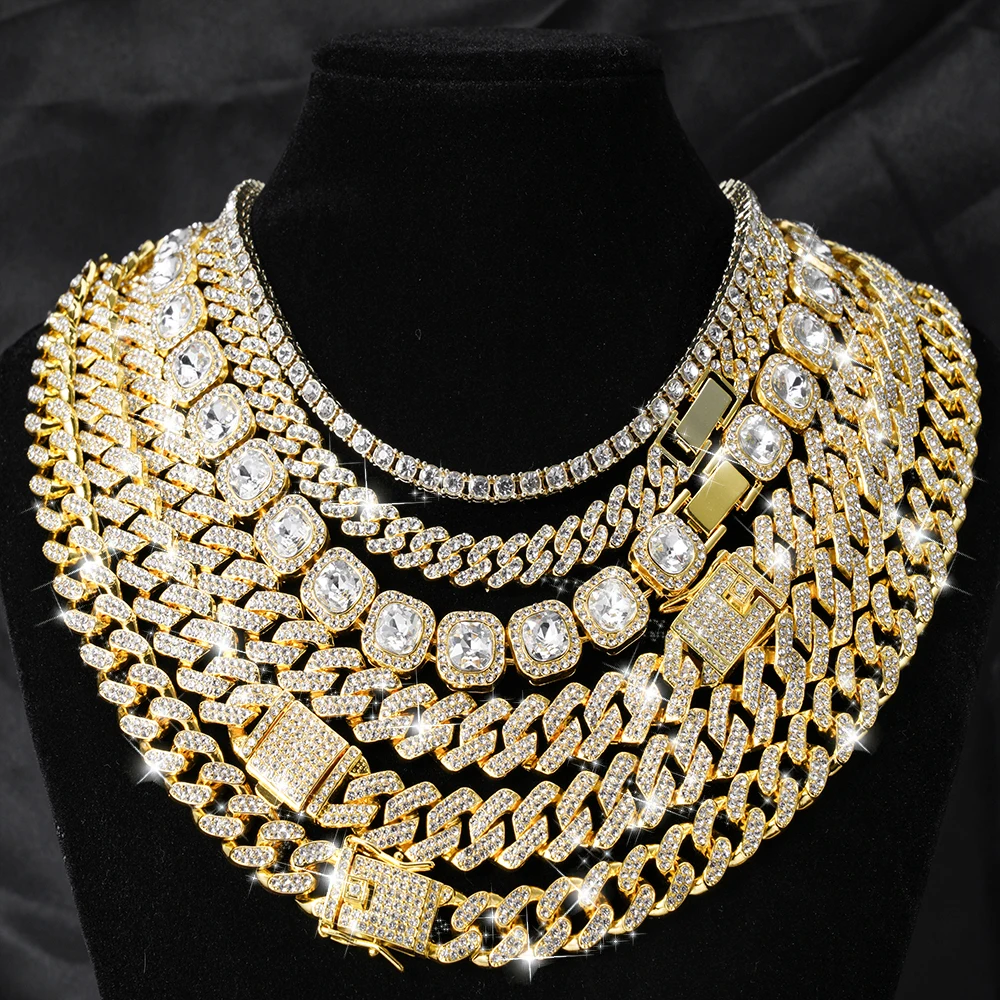 Hip Hop Men Women 14MM Prong Cuban Link Chain Necklace Bling Iced Out Tennis Chain Rhinestone Paved Miami Cuban Necklace Jewelry