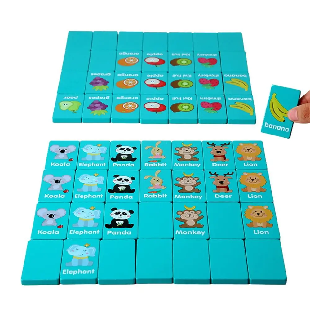 36PCS Creative Wood Chain Game Blue Cartoon Fruit Animal Matching Game Pair Matching Mahjong Game Early Education