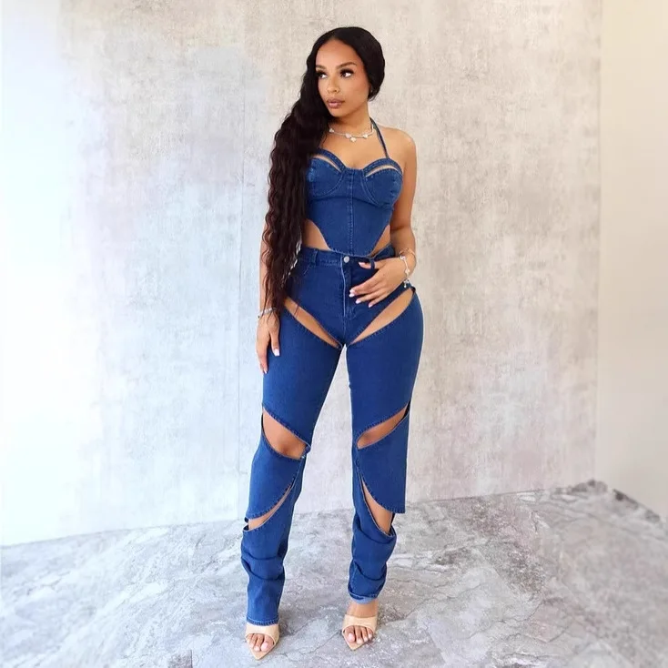 

New Fashion Washable Stretch Inclined Cave Sexy Halter Top+High-waisted Straight-leg Jeans, A Casual Women's Denim Two-piece Set