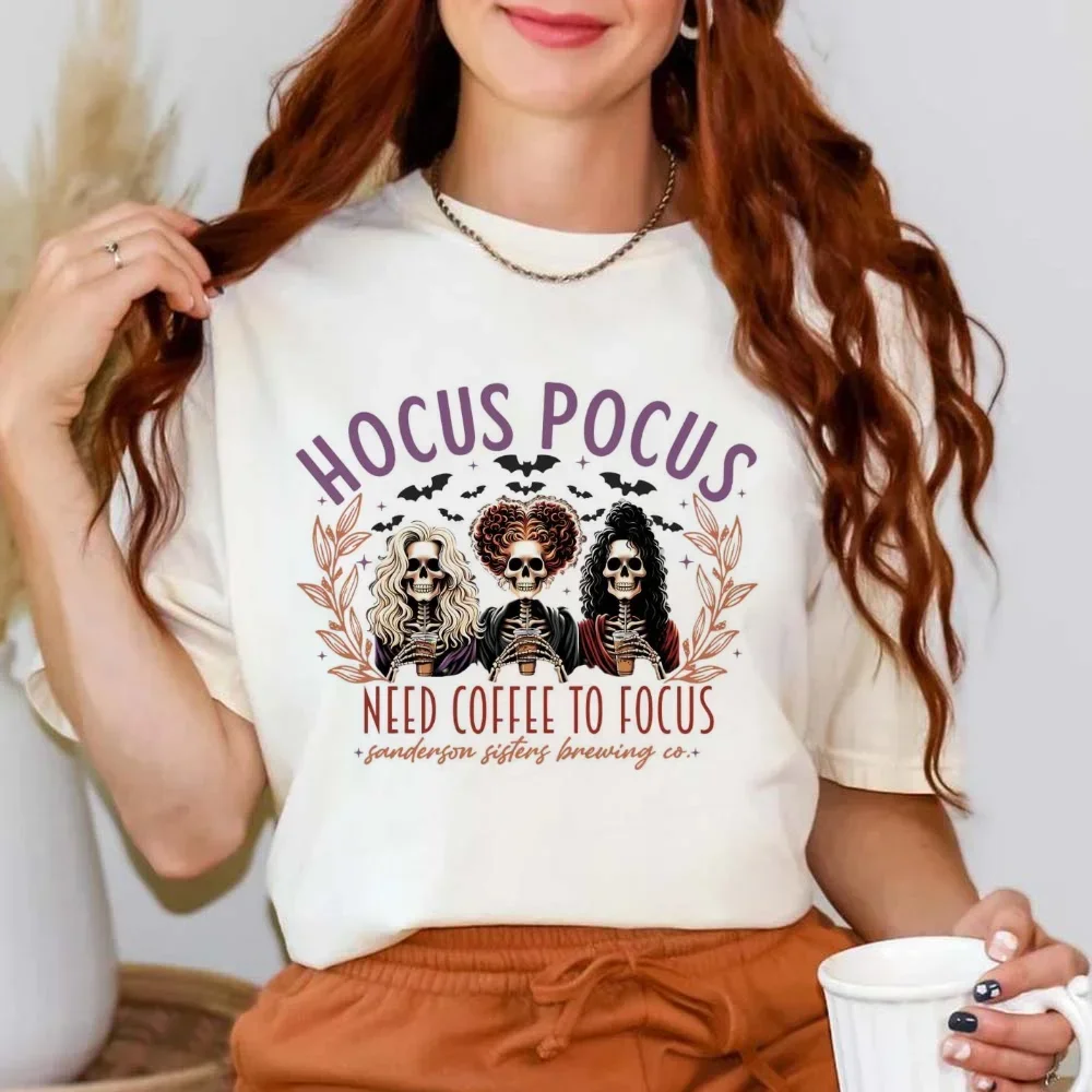 Hocus Pocus I Need Coffee To Focus T-Shirt Printed Pattern Fashion New Year Holiday Short Sleeve Women's O-Neck Top Retro T-Shir