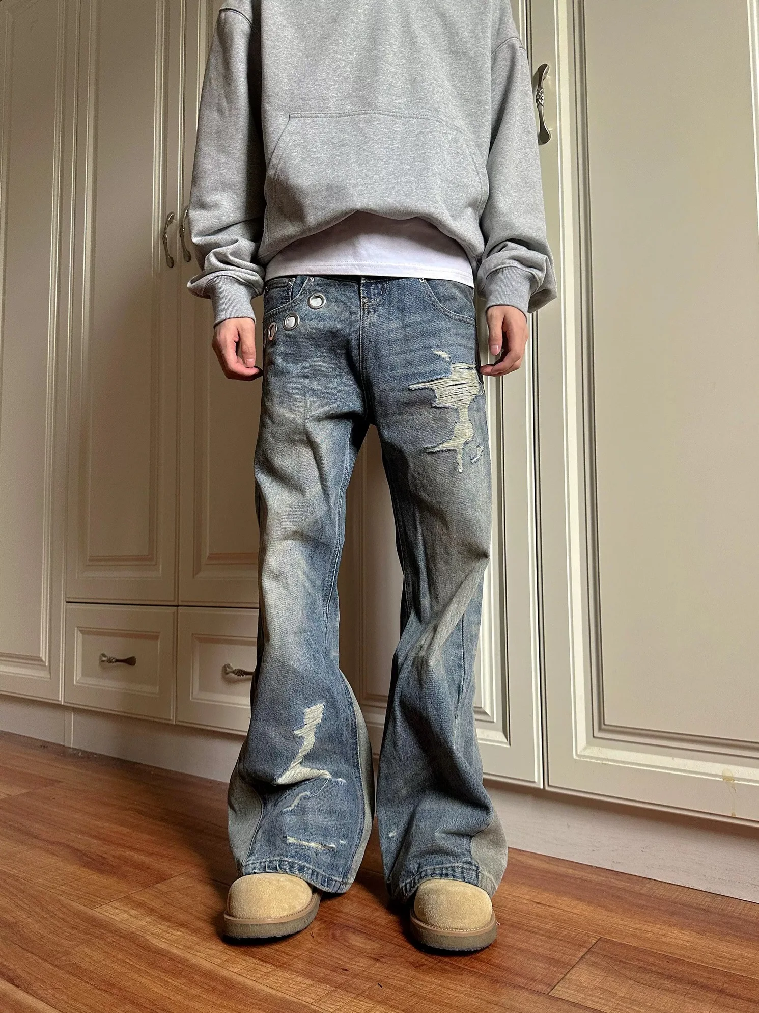 

American Retro Double Waist Head Jeans Men's Women's Design Worn out Loose Straight Floor-Length Pants Casual Denim Jeans