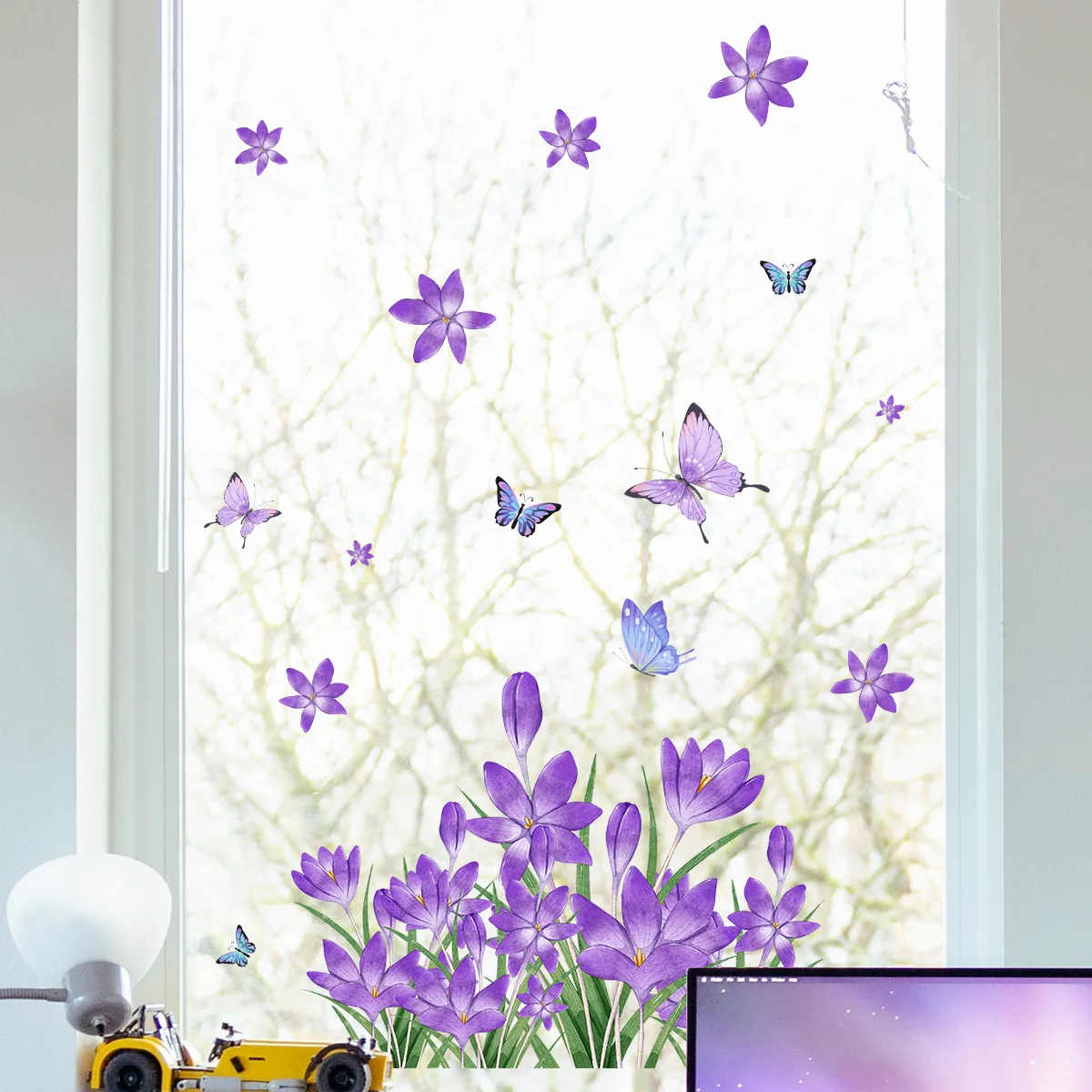 27*40cm Purple Flower Butterfly Wall Stickers Glass Window Stickers Home Decorative Window Mural Wall Stickers Wallpaper Ct3023