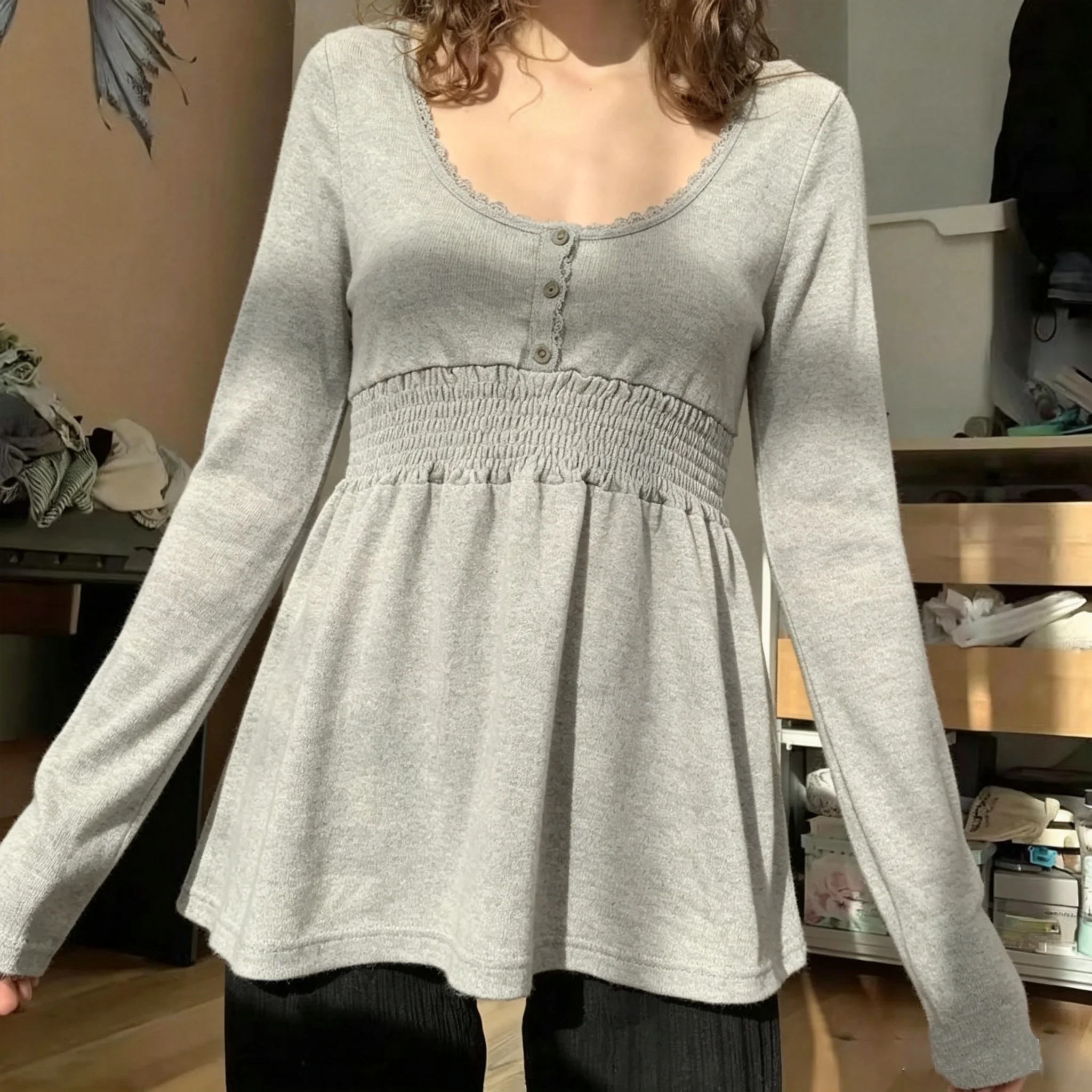 Women's Babydoll Top Long Sleeve Scoop Neck Lace Trim Button Front Smocked Waist Flare Sleeve Casual Peplum Blouse