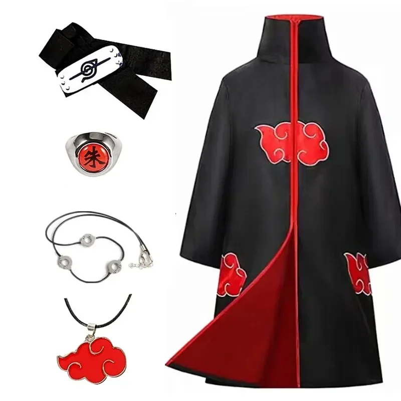 Anime Costume Cape Dawn Organization Cape Embroidered Red Cloud Cartoon Pattern Robe Halloween Cosplay Necklace with Ring Access