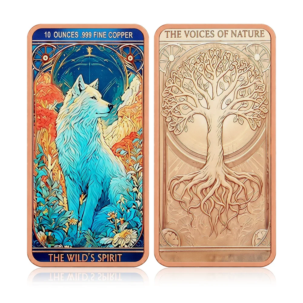 10oz .999 Fine Copper Bar Wild Spirit Wolf Tree of Life Pure Copper Bars Nature Nouveau Art Color Printed Collectible Decor Gift