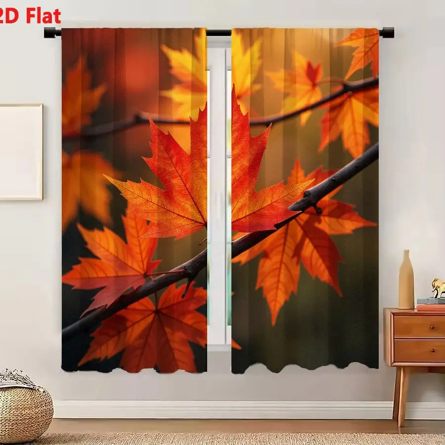 2Pcs Curtains 2D Flat Vibrant Autumn Maple Leaves On Dark Branches With Golden Sunset Light And Intricate Vein Patterns Window D