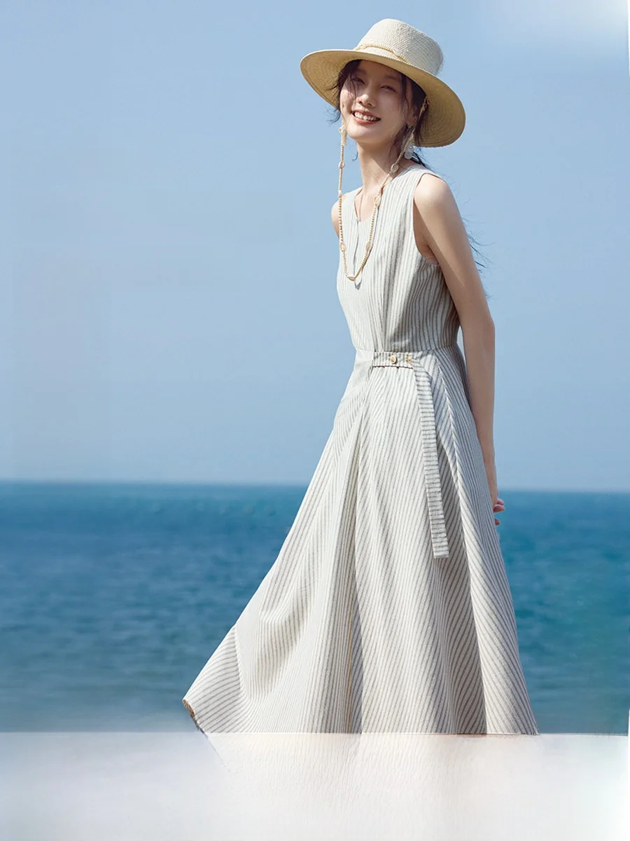 XWI Linen Cotton Stripe Sleeveless Dress Women's Summer 2026 Belted Slimming A-Line Dress Casual Commute Style Ladylike