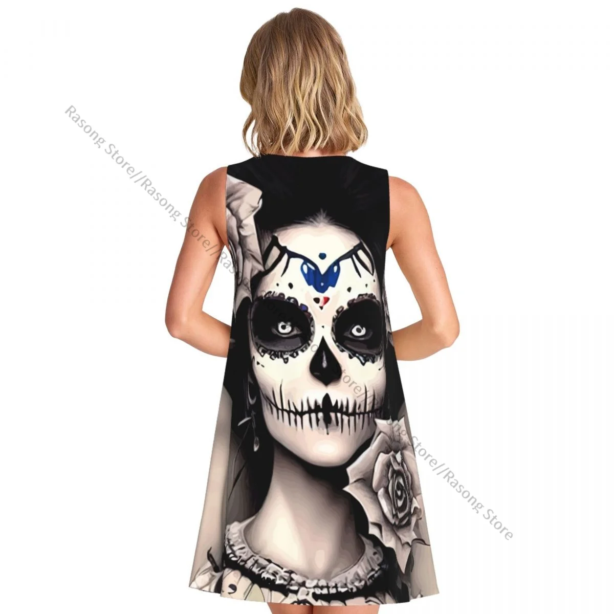 Damenkleid Mexiko Totenkopf Frau Vintage Stil Sommer Casual T-Shirt Strand Cover Up Tank Kleid