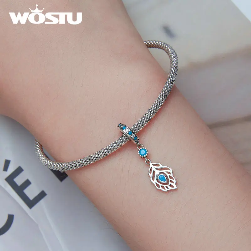 WOSTU 925 Sterling Silver Colorful Enamel Peacock Feather Charms Hanging Beads Fit Original Bracelet Pendant DIY Jewelry