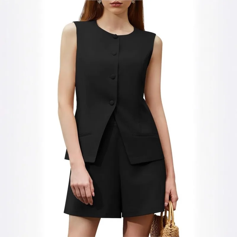 

Women's Vest Suit Sets Button Down Waistcoat Sleeveless Round Neck Solid Color Slim Fit Dressy Suit Vest 2-piece Set Office Lady
