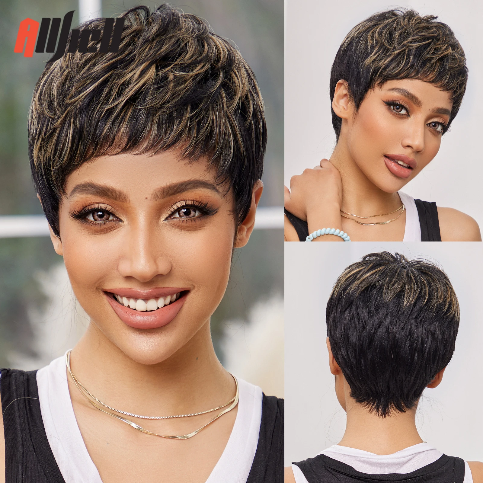 Brown Blonde Highlight Human Hair for Black Women Afro Brazilian Remy Human Hair Short Straight Pixie Cut Wigs Machine Made Hair