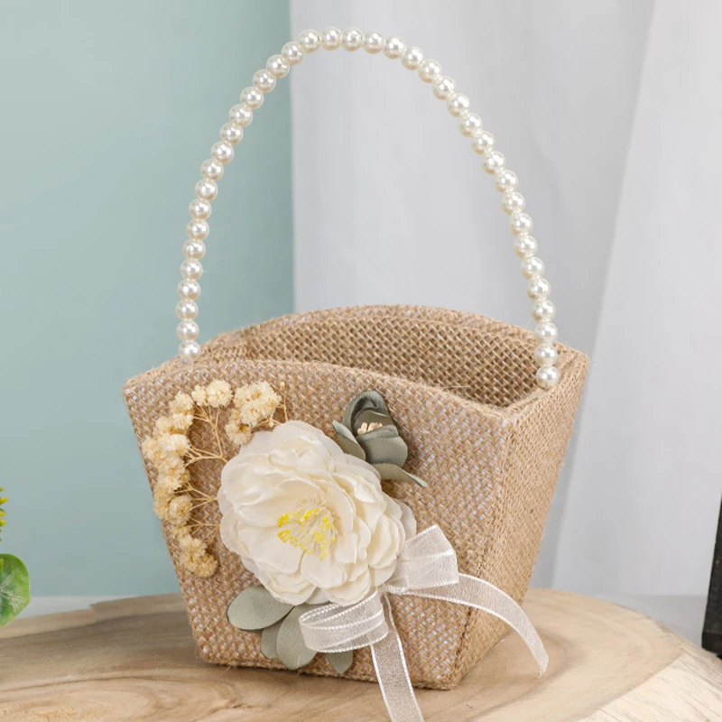 Linen Wedding Flower Girl Basket with Silk Flower Ring Pillow Petal Candy Basket Rustic Ornaments Wedding Party Table Decoration