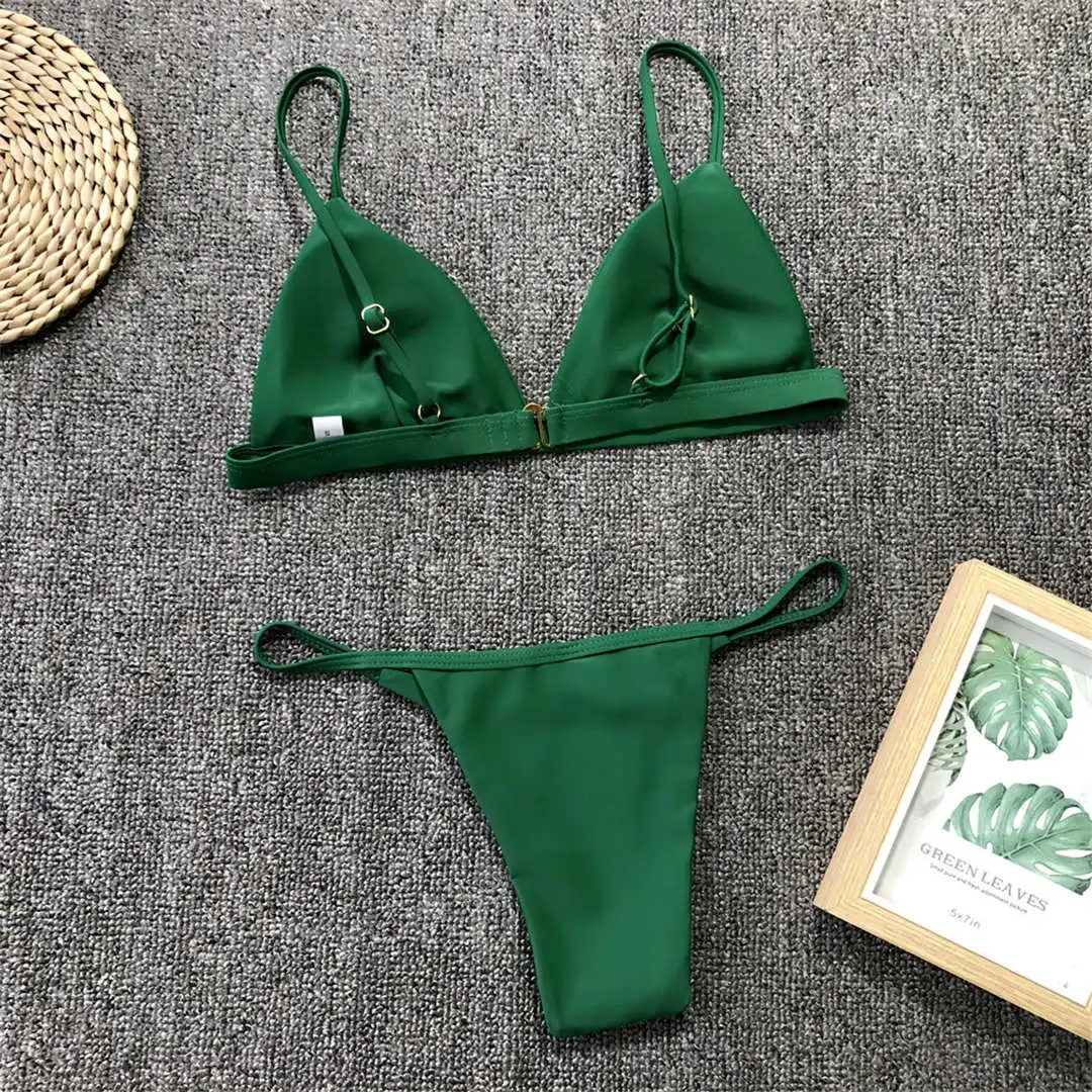 Neuer, verführerischer, gepolsterter brasilianischer Bikini, Damen-Badeanzug, zweiteiliges Bikini-Set, einfarbiger Badeanzug, Damen-Badebekleidung, V64A. – Detail 28