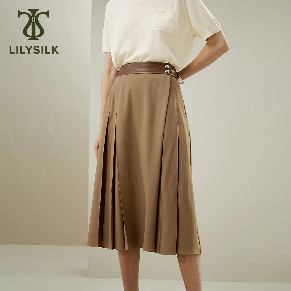 LILYSILK Wool Wrap Midi Skirt 2024 Spring New Silk Chiffon Linning Corn Fiber Leather Waist Retro Style Bottoms Free Shipping