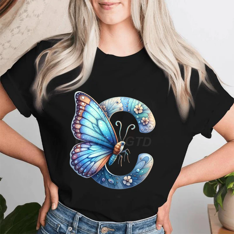 Y2K Butterfly Initial A-Z Watercolor Flower Tops Women Aesthetic Alphabet 26 Letter Print T Shirt Fun Mother Mama Mom Tshirts