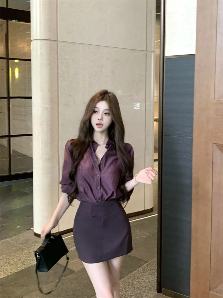 

Women's Elegant Purple Neck Long Sleeve Blouse And Midi Skirt Set 2026 Summer Korean Fashion Outfit For Ladies