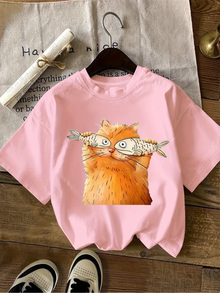 Cute Cat Holding Fish Printed Short Sleeved Women's Fashionable Casual Round Neck T-shirt Plus Size Shirt Comfortable Clothing