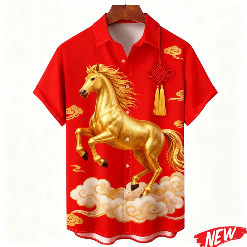 

2026 год лошади, гавайская рубашка, полная сублимация, китайский Новый год, вечерние рубашки с короткими рукавами, модные уличные топы, рубашка с лацканами
