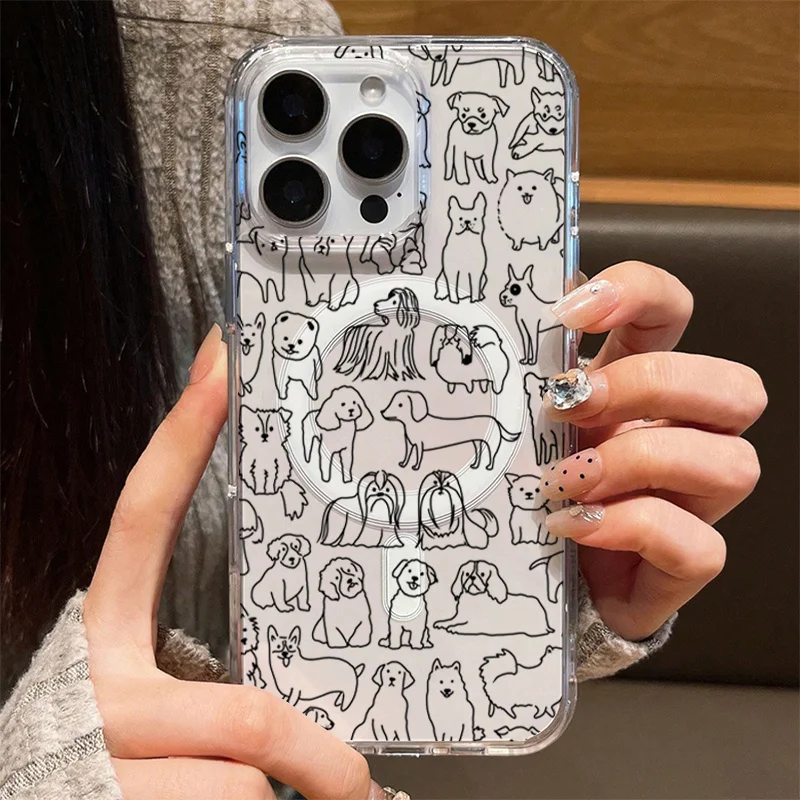 

Cartoon Cute Line Dogs Pattern Magnetic Phone Case for Samsung Galaxy S25 S24 S23 S22 Ultra Plus S21 FE Wireless Charge Cover