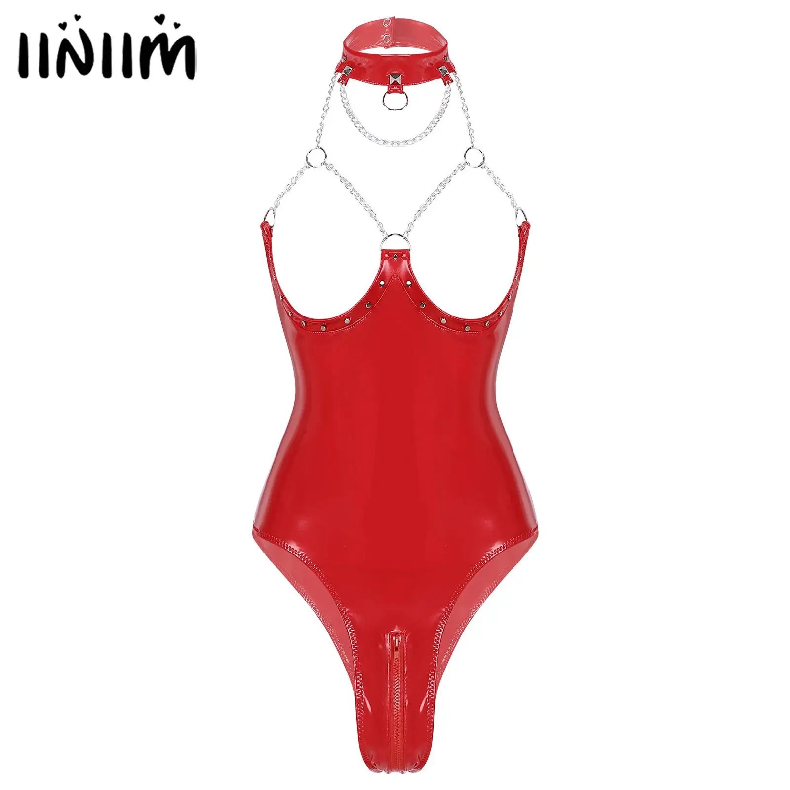 Sexy Nude Porn Body Womens Wet Look Patent Leather Bodysuit Pornographic Lingerie Open Cups Low Back Zippered Crotch Teddies