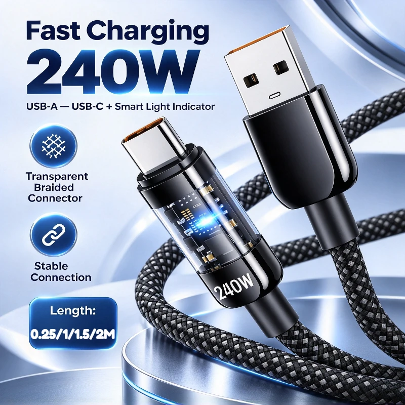 240W Nylon USB Type-C Super Fast Charging Cable for Samsung Xiaomi Huawei Honor LED Digital Display USB C Charger Data Cord
