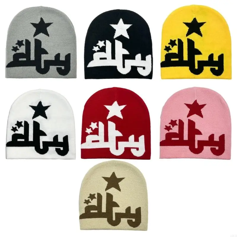 

10CD Handmade Winter Beanie Hat Knit Hat with Jacquard Star Casual Walking Hat