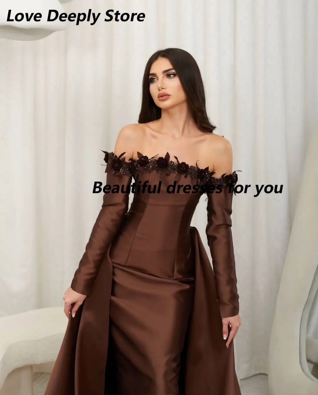 Customized Off The ShoulderBeadings Flowers Evening Dresses Long Sleeves Floor Length Prom Dresses Backless Party Dresses