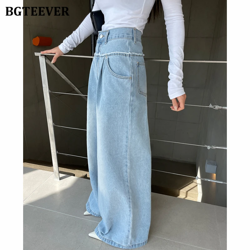 BGTEEVER 빈티지 하이 웨이스트 루즈 와이드 레그 청바지 여성용 봄 여름 포켓 여성 데님 바지