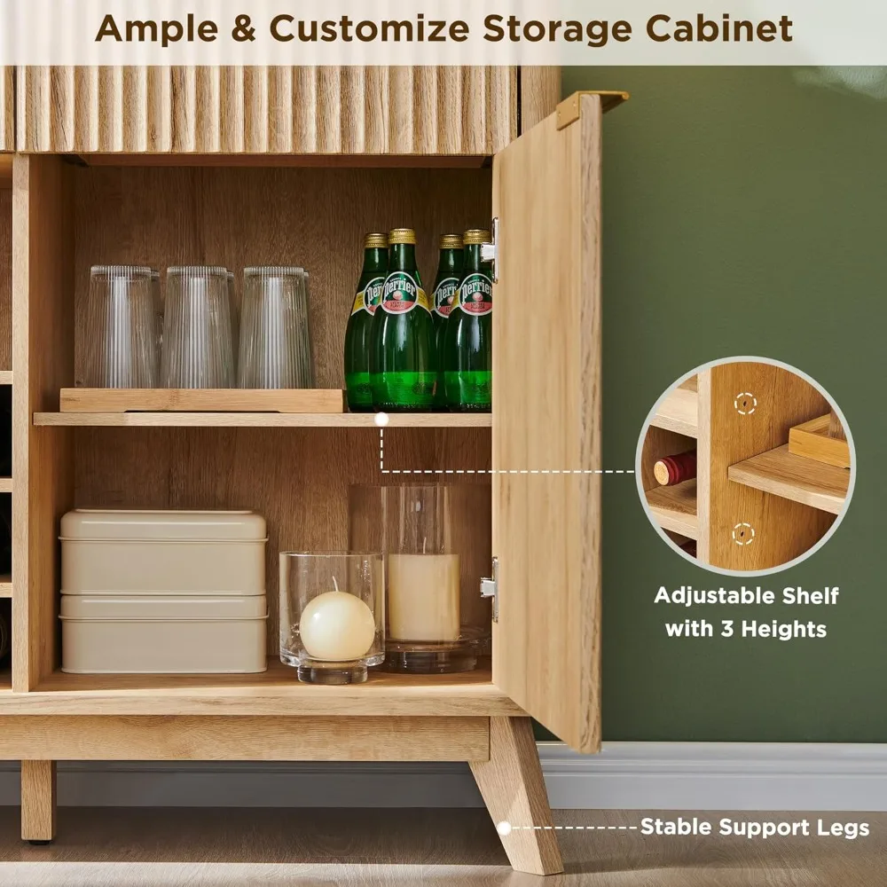 60 inch gecanneleerde buffetkast met opbergruimte - 3 laden en 2 deuren, moderne wijn- en koffiebarkast met wijn- en glazen rekken, si