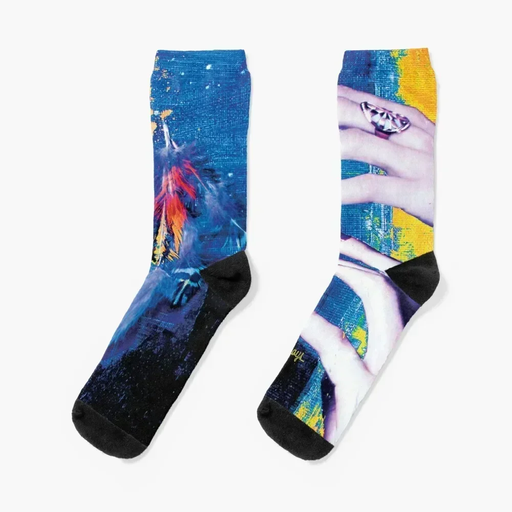 

Hands and feathers blue and yellow collage Socks cute football funny gift Socks For Girls Men's