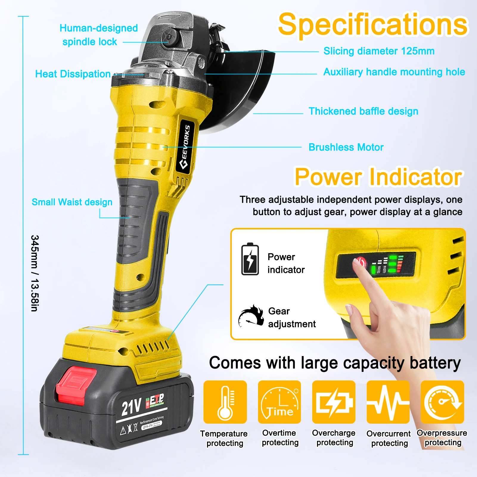 21V 125mm M14 Angle Grinder Brushless Motor Electric Grinding Tool Lithium Cutting Machine Power Tool for Cutting Polishing