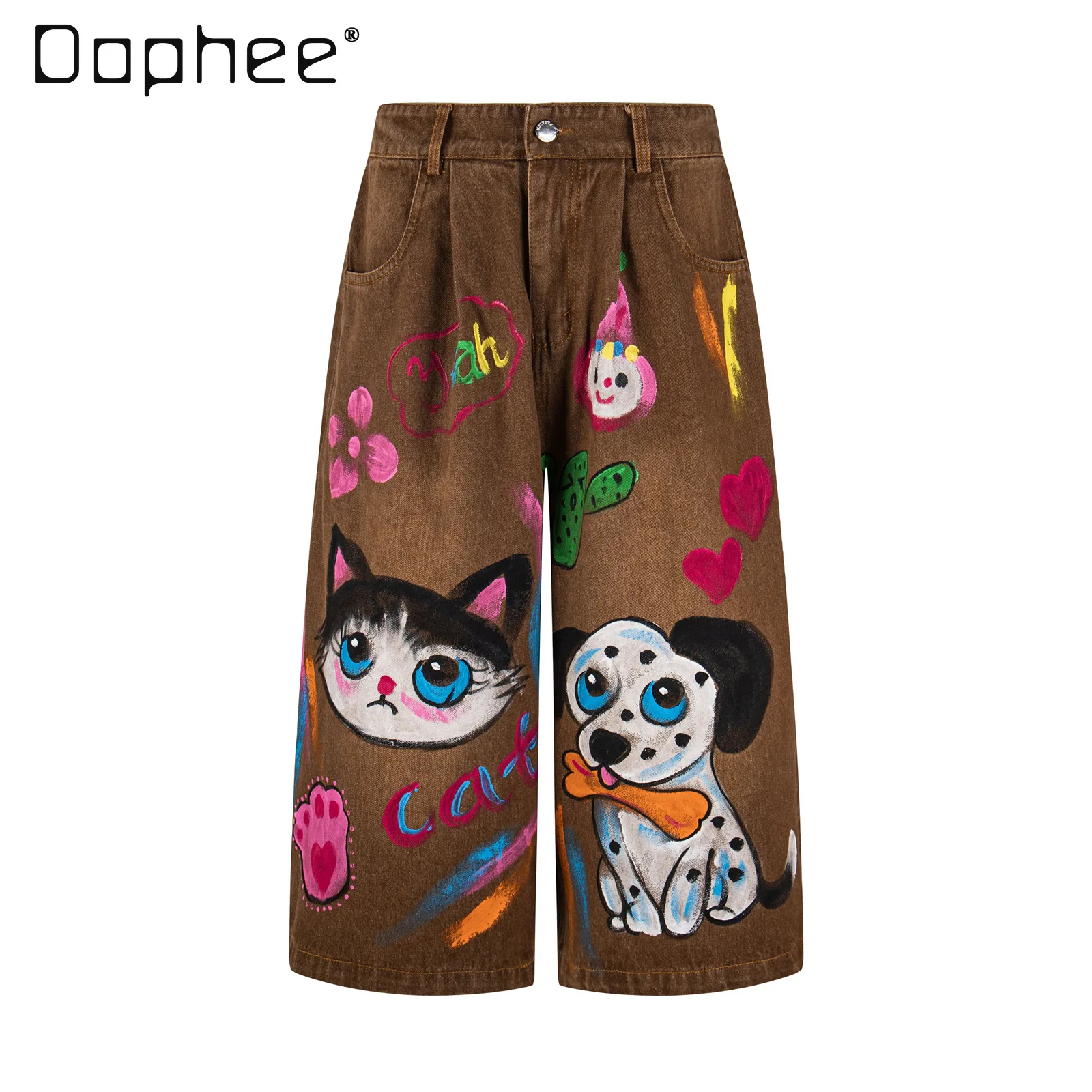 

Американские ретро-джинсы унисекс с ручной росписью в стиле граффити (кошки и собаки), укороченные, свободного кроя, летние, для пар, модель 2026